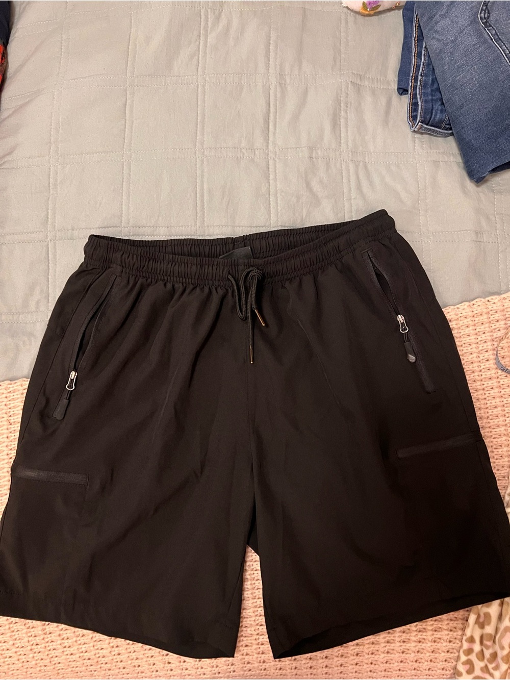 Women's Black Athletic Drawstring Shorts with Zipper Pockets
